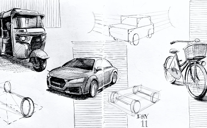 Ball pen studies of an auto-rickshaw, a car, a bicycle, and construction shapes