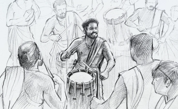 Expressive line study of seated musicians and percussionists