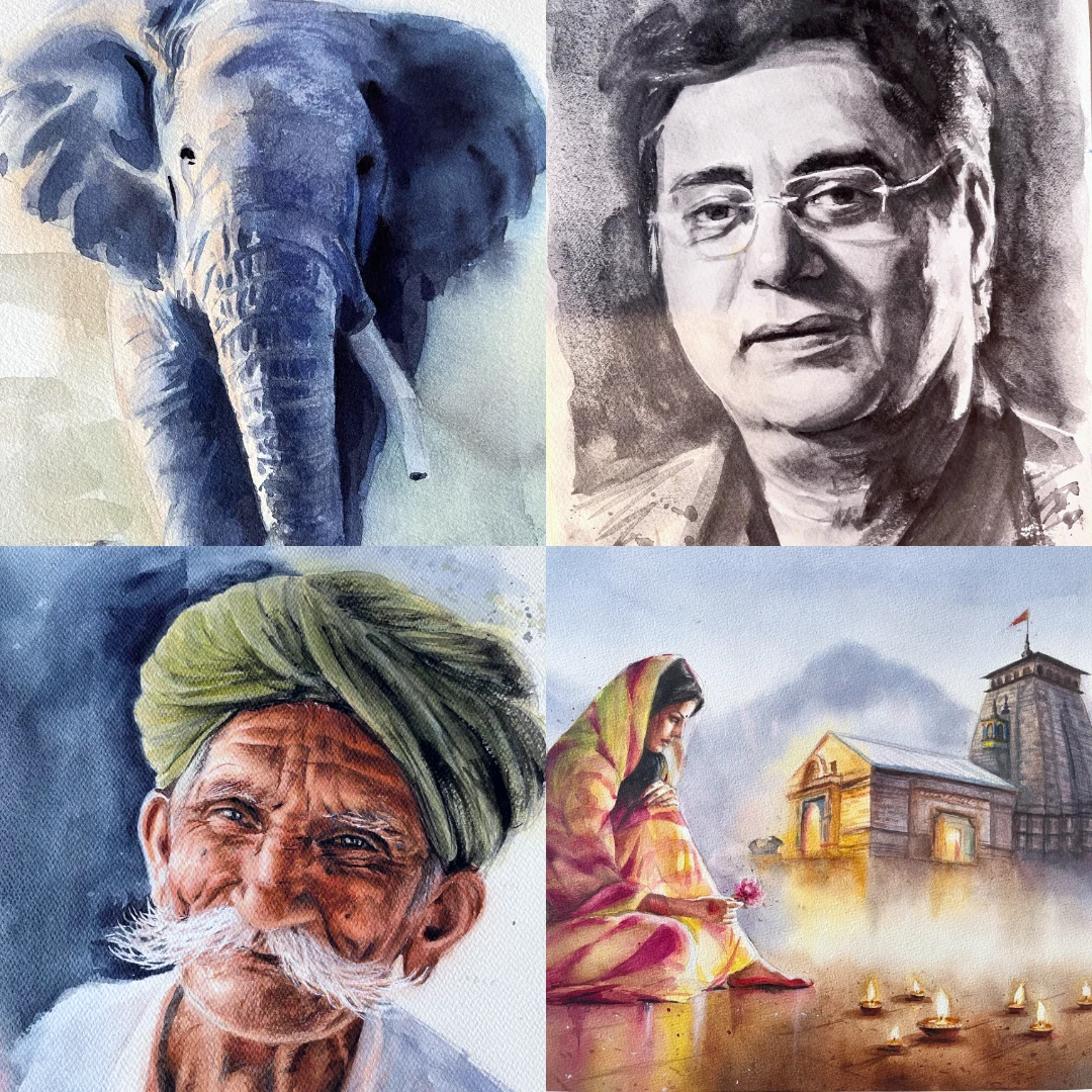 Four artworks: an elephant, two portrait studies, and a woman beside water