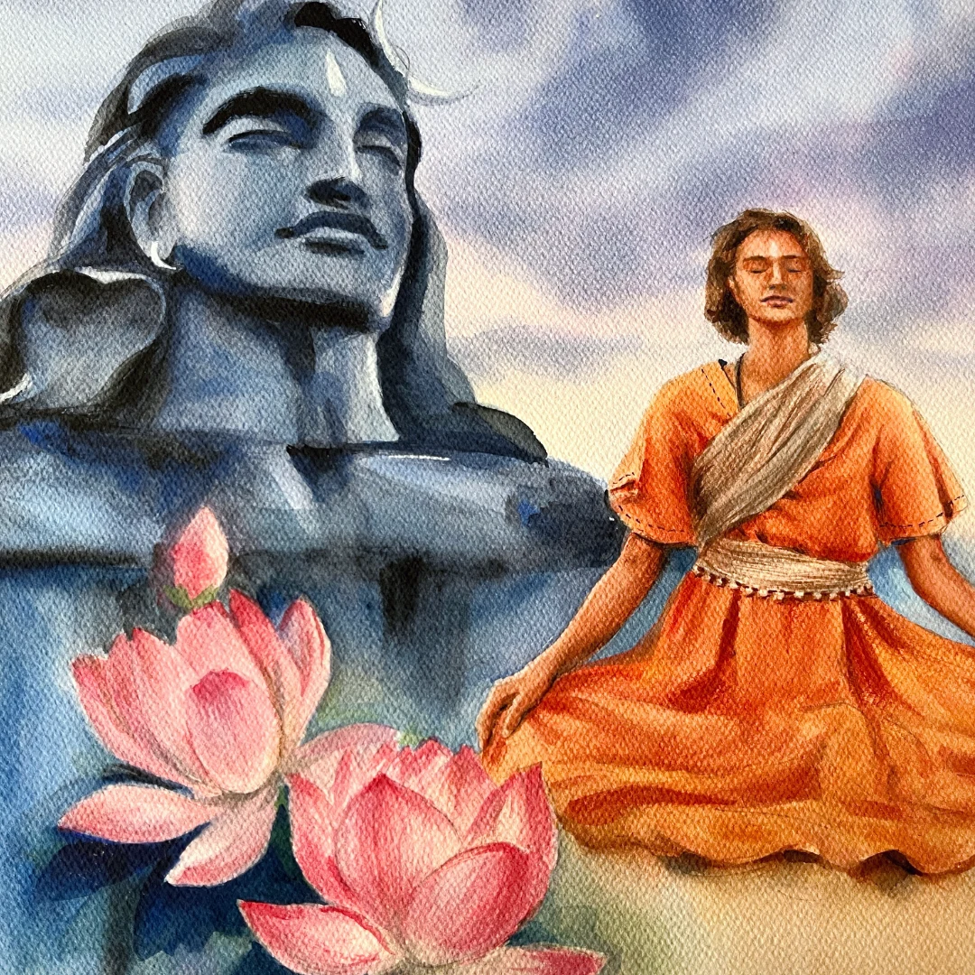 Four watercolour artworks: Shiva, a seated figure, a dancer, and pink lotuses