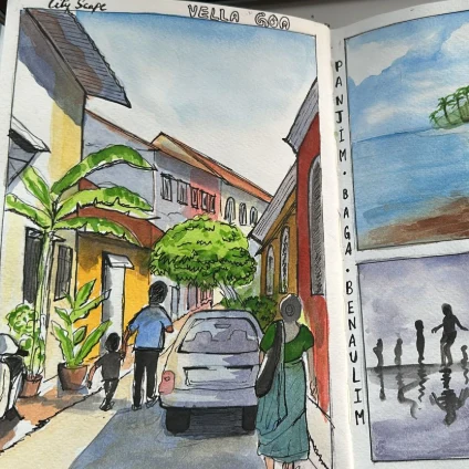 Learner artwork: an urban watercolour scene with buildings and figures