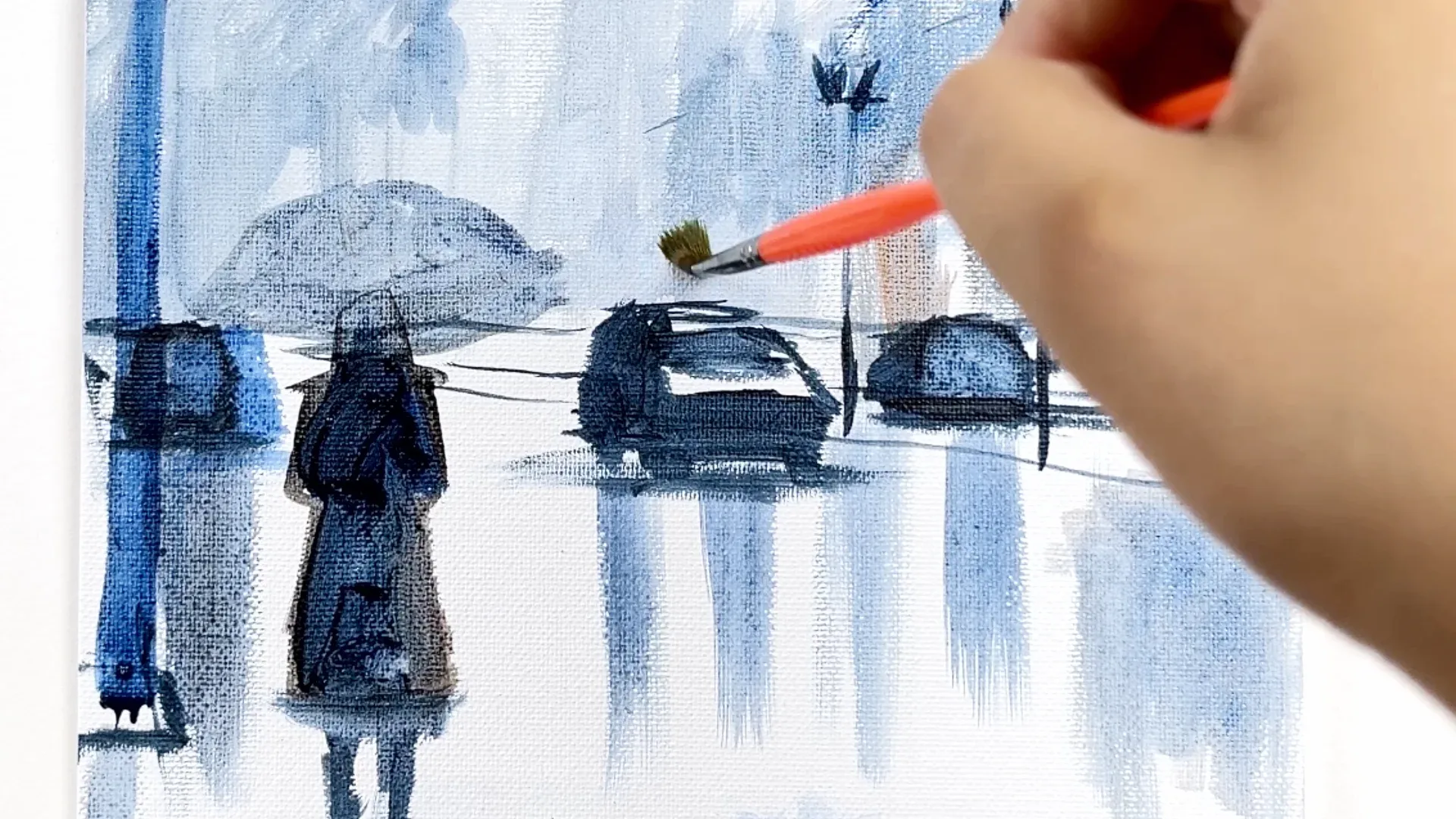 Acrylic monsoon street at the pale blocking-in stage, with the first dark shapes