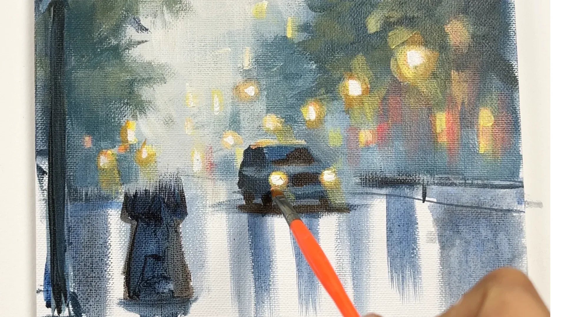 Monsoon street painting with hazy atmosphere and the first warm lights