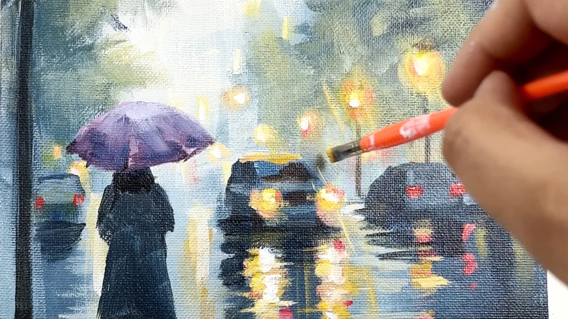 Monsoon street painting with umbrella, traffic, lights, and wet-road reflections
