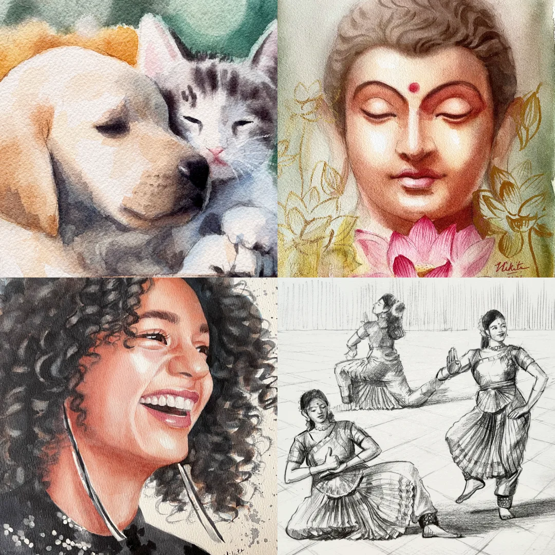 Four watercolour artworks: a young artist painting at an easel, a grandmother resting her head against a white cow, a child’s portrait, and the Adiyogi statue with lotus flowers